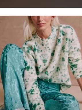 Sezane Cream Sweater with Green Tie-Dye Floral Motif